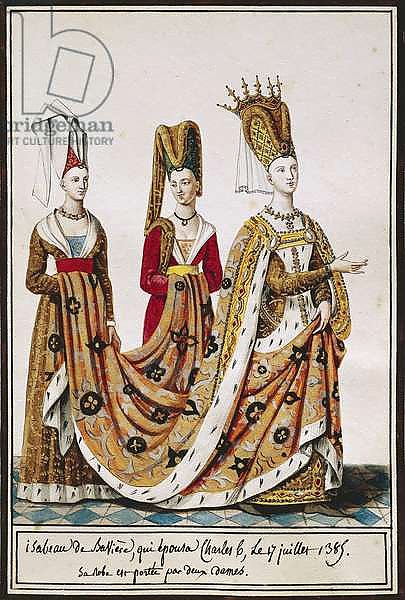 Isabeau of Bavaria getting married to Charles VI, King of France, July 17, 1389, watercolor from Osservazioni sulle mode e gli usi di Parigi by Pierre Antoine Leboux de La Mesangere, France, 1822