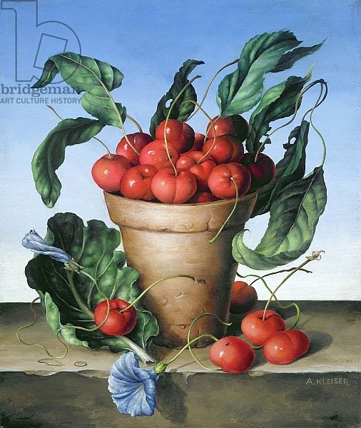 Cherries in terracotta with blue flower