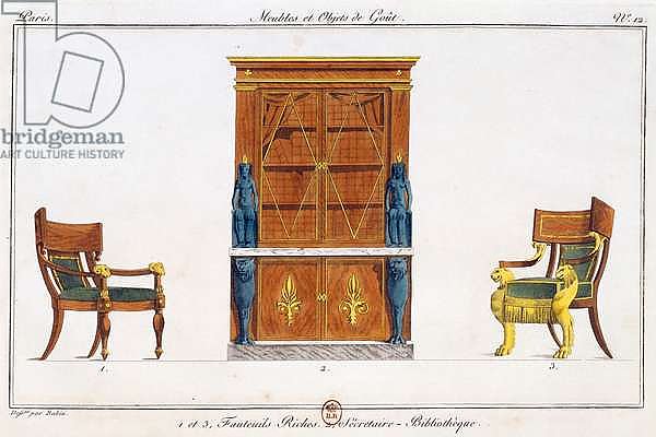 Armchairs and library writing desk, plate 12, illustration from Collection de meubles et objects de gout, 1807, by Pierre-Antoine Leboux de La Mesangere