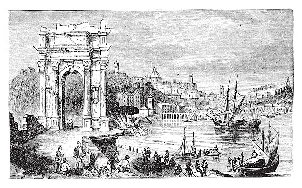 Ancona and the Arches of Trajan, Italy. Scene from 1890, old vintage illustration.