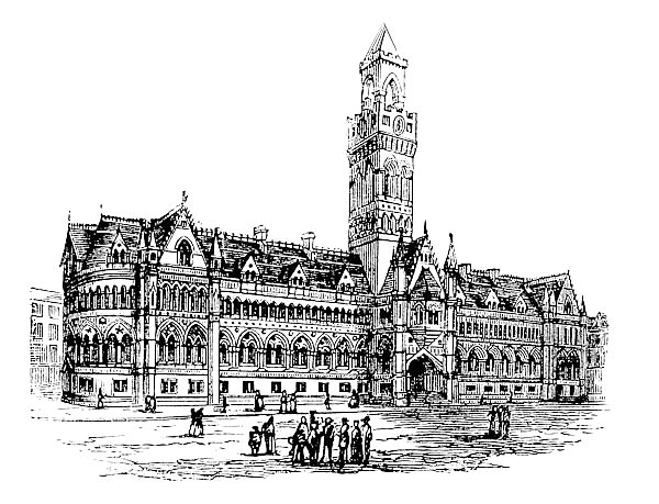 Bradford City Hall, Bradford, West Yorkshire, United Kingdom, vintage engraving in the 1890s