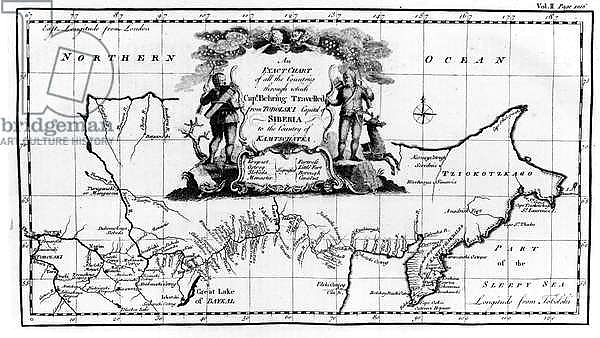Map of the route taken by Vitus Bering across Siberia to Kamchatka, from 'Navigantium atque Itinerantium Bibliotheca' published 1744