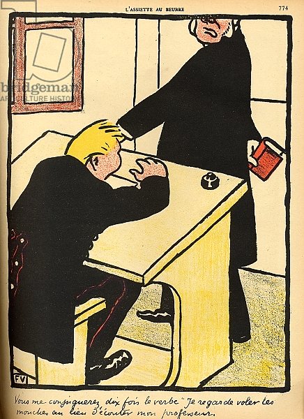 A teacher reprimands his pupil, from 'Crimes and Punishments', 1902
