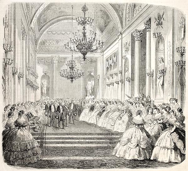 King Vittorio Emanuele  in a historical building in Florence. From drawing of Janet-Lange, published