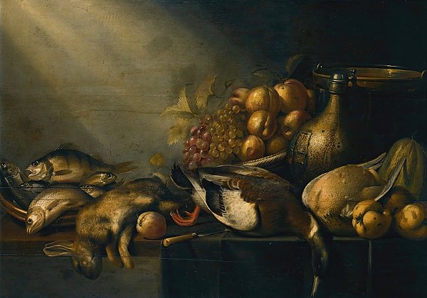 Still life with a dead hare and duck, fish, vegetables and an earthenware flagon, on a draped table