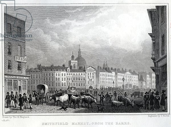 Smithfield Market from the Barrs, engraved by Thomas Barber, c.1830