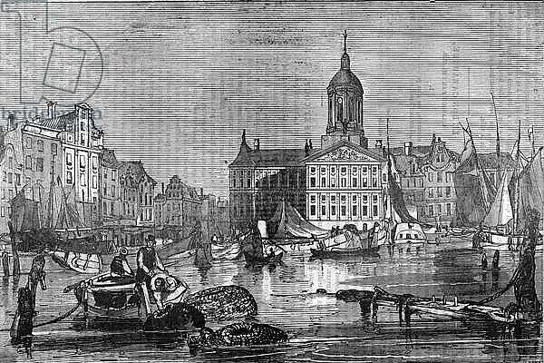 View of the city of Amsterdam and the old Town Hall in the 19th century.
