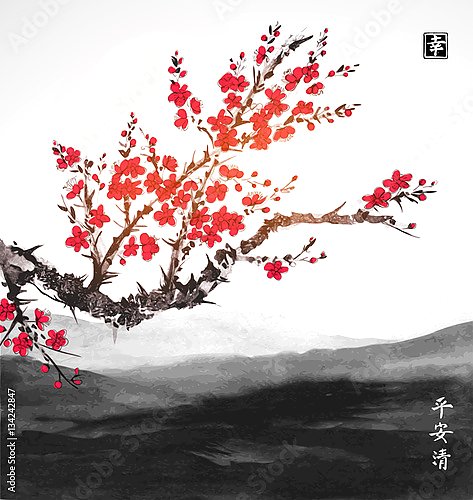 Восточная сакура в цвету с далекими горами