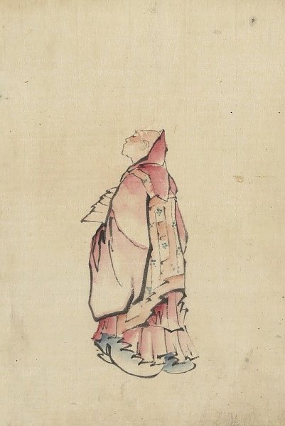 Side view of a monk, full-length portrait, facing left, wearing gown with hood