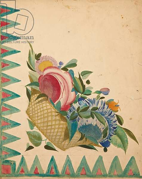 Textile design with basket of flowers,