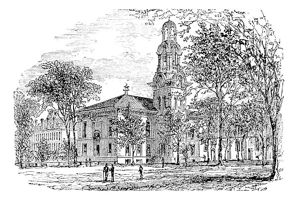 City Hall in Lawrence, Canada, vintage engraving