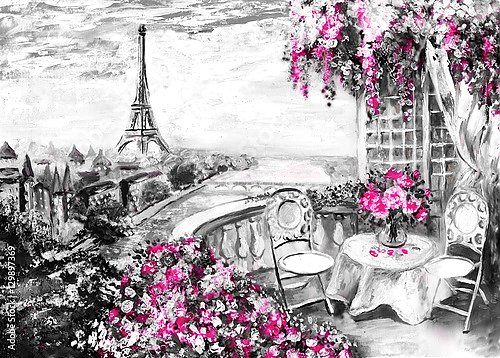 Вид с балкона в розовых цветах на Эйфелеву башню