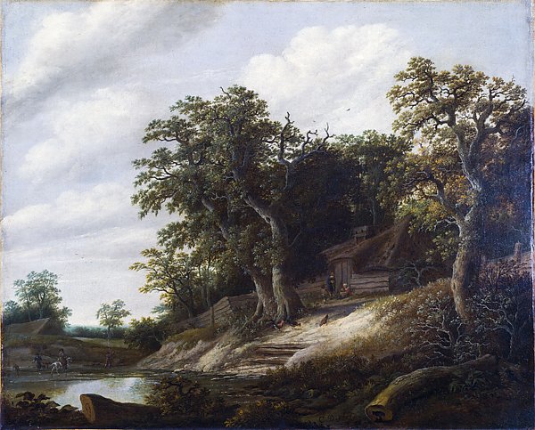Домик на берегу потока среди деревьев