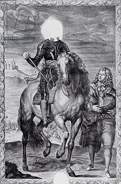 Defaced equestrian portrait of Charles I, engraved by Pierre Lombart