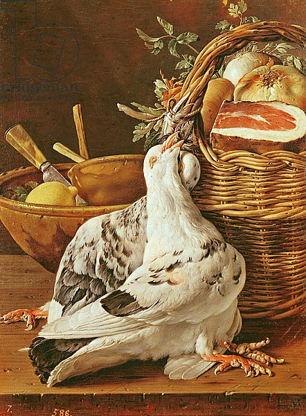 Still Life with pigeons, wicker basket, ham, onions and a lemon