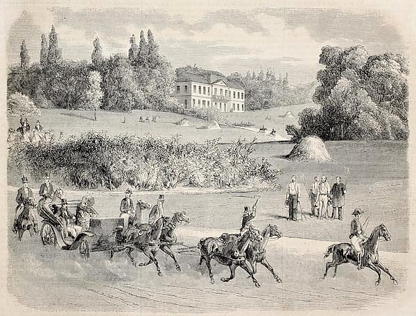 Carriage in the park of Vilgenis with the castle in background. Original, from drawing of Blanchard,