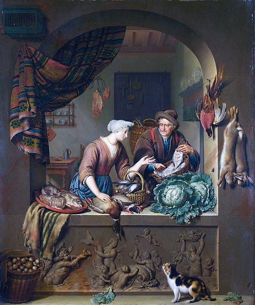 Женщина и рыбный торговец на кухне