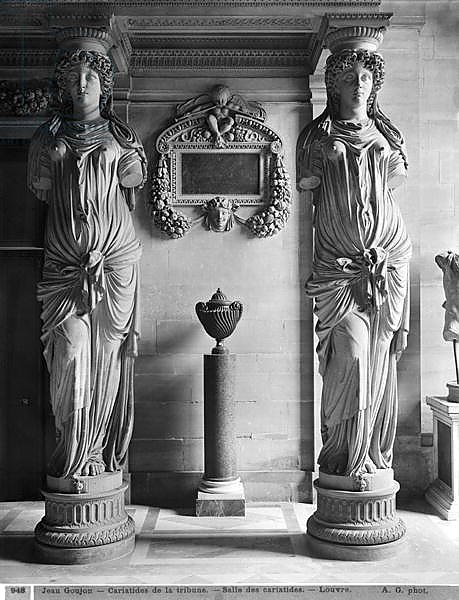 View of two caryatids from the Caryatids' Tribune in the Louvre Museum, late 19th century