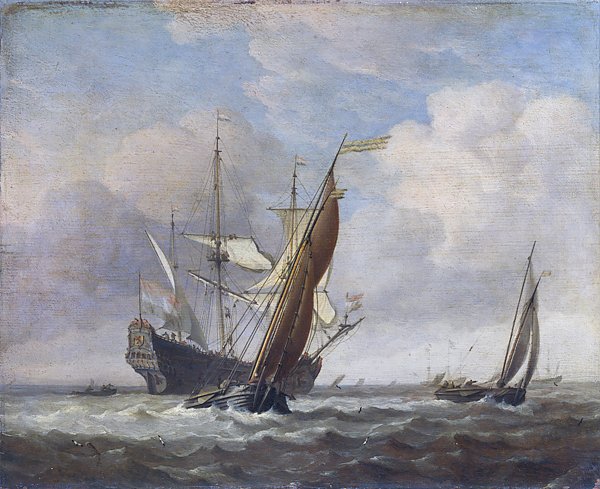 Две малых лодки и голландский военный корабль в бриз