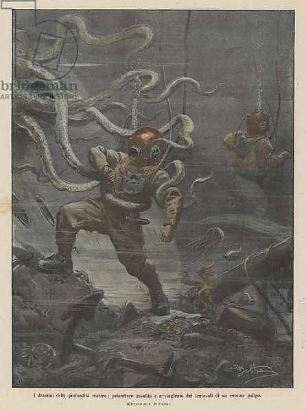 I drammi delle profondita marine, palombaro assalito e avvinghiato dai tentacoli di un enorme polipo