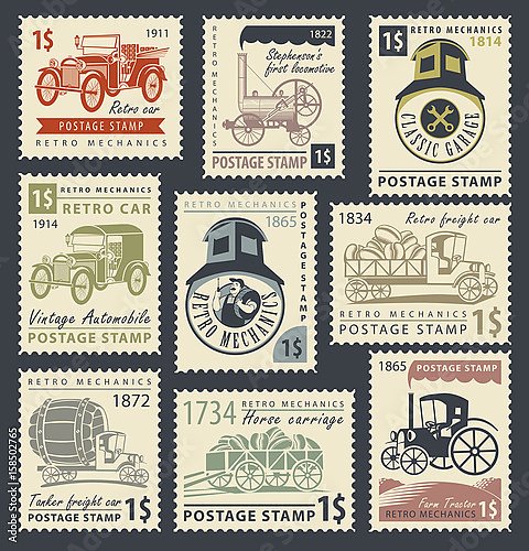 Набор из девяти почтовых марок на тему автомобильного и железнодорожного транспорта
