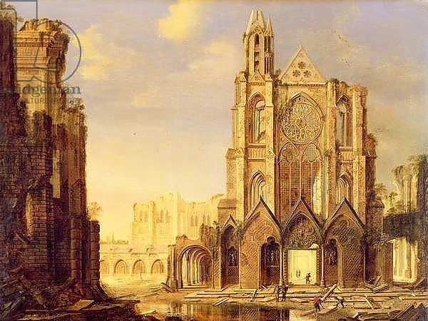 A ruined abbey with workmen
