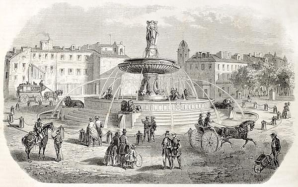 The round fountain old view, Aix-en-Provence, France. Created by Gaildrau after Gibert, published on