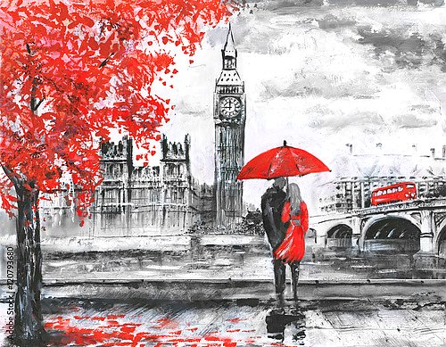 Пара под красным зонтиком в Лондоне