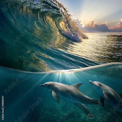 Стайка дельфинов под волной