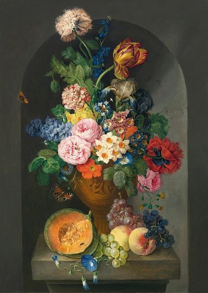 A Bronze Urn Of Flowers, With A Melon, Peaches And Grapes, A Butterfly And A Caterpillar