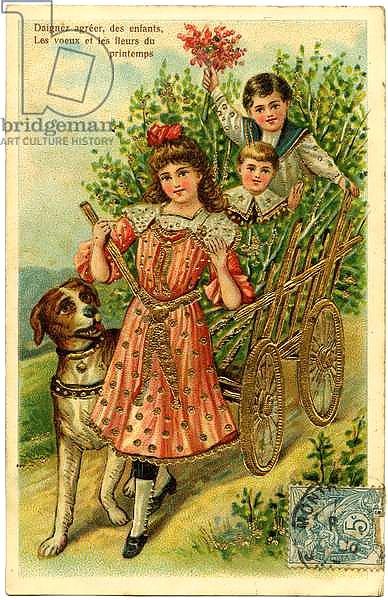 Postcard, please accept, children's wishes and spring flowers