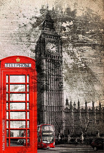 Лондонская улица с красной телефонной будкой и автобусом неподалеку от Биг Бена