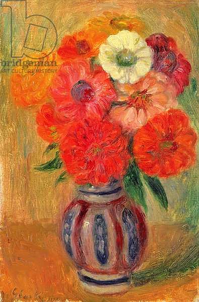 Zinnias in a Striped Blue Vase