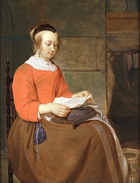 A young woman seated in an interior, reading a letter