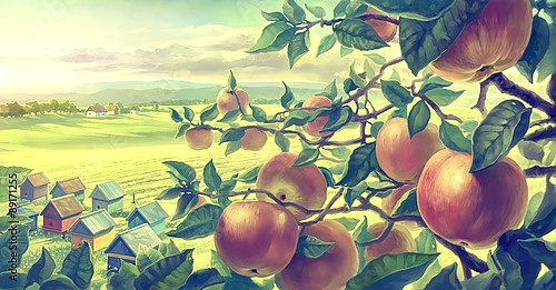 Летний пейзаж и яблоки