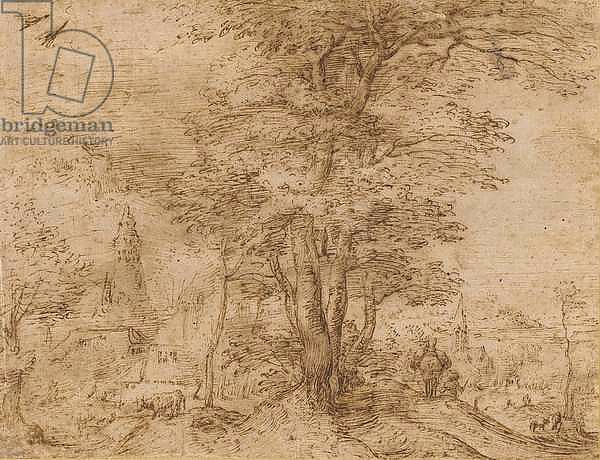 A village with a group of trees and a mule, c.1552-54
