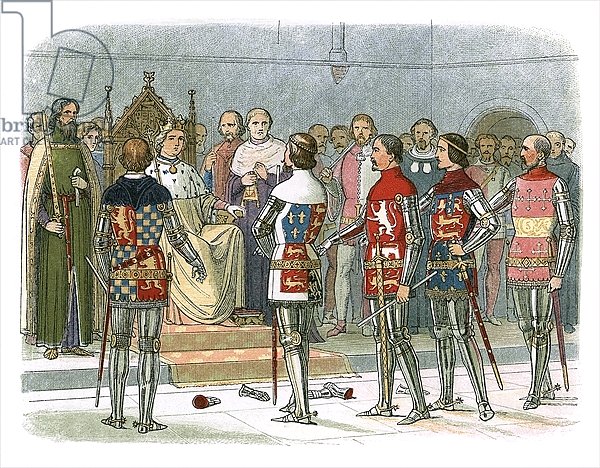Arundel, Gloucester, Nottingham, Derby, and Warwick before king Richard II