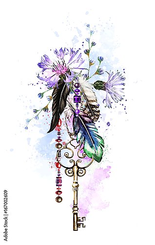 Ключ с цветами и перьями