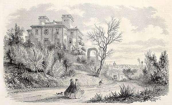 Villa Massigny in Nice, France, residence of queen of Denmark in 1860. Original, from drawing of Fre
