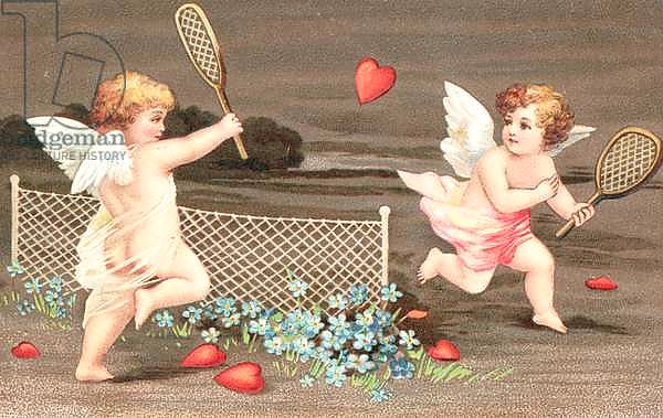 Two cherubs playing tennis with a heart for a ball