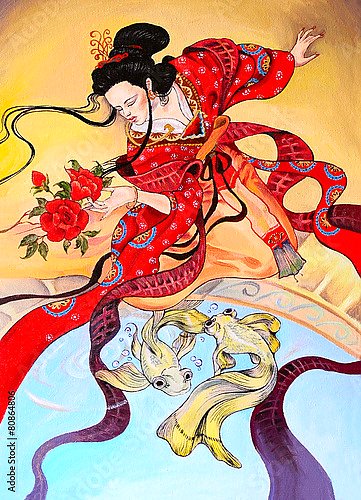 Японская гейша женщина в красном кимоно