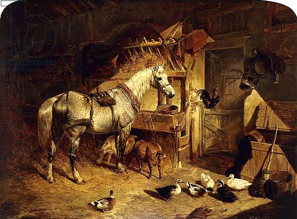 The Interior of a Stable with a Dapple Grey Horse in Harness, with Ducks, Goats, and a Cockerel by a Manger, 1843