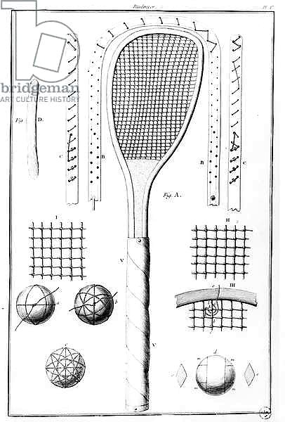 Tennis racket and balls, 1751