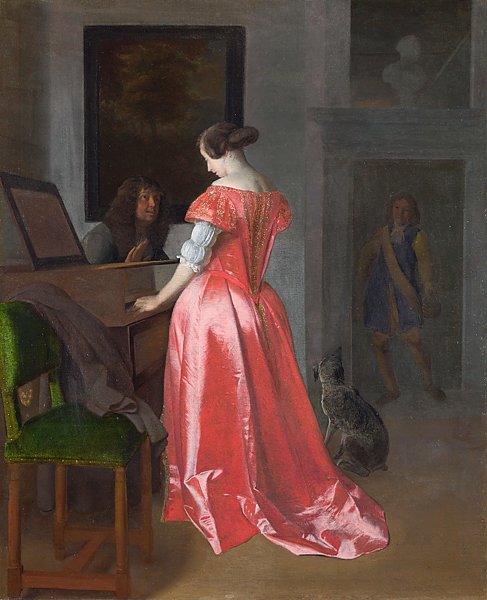 Женщина, стоящая у клавесина, мужчина сидящий рядом с ней