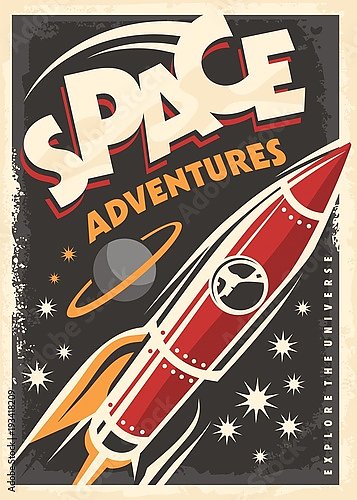 Космические приключения, ретро-постер с космическим кораблем, исследующим вселенную