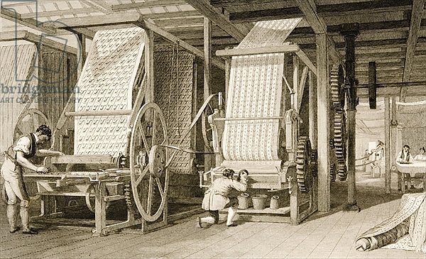 Calico printing in a cotton mill, engraved by James Carter c.1830