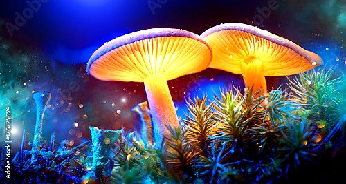 Два светящихся гриба в загадочном темном лесу