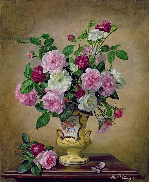 Roses and dahlias in a ceramic vase