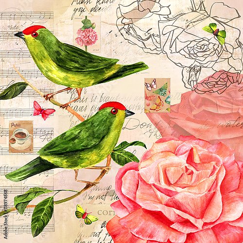 Коллаж с розами, птицами, бабочками и почтовыми марками