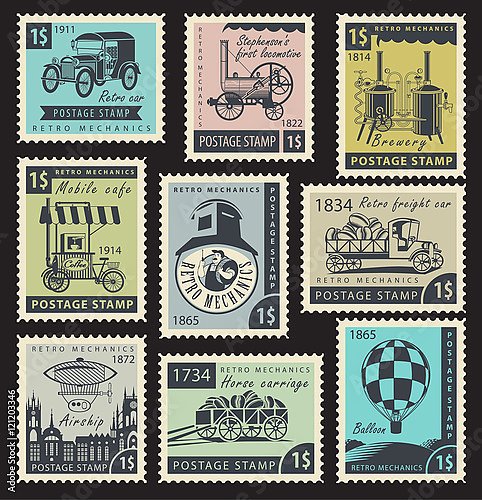 Набор марок на тему ретро-механики